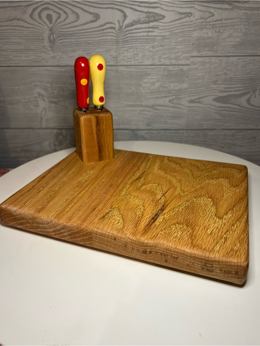 Custom Wood Cutting Board with Built-In Knife Block and Red/Yellow Handle Knives